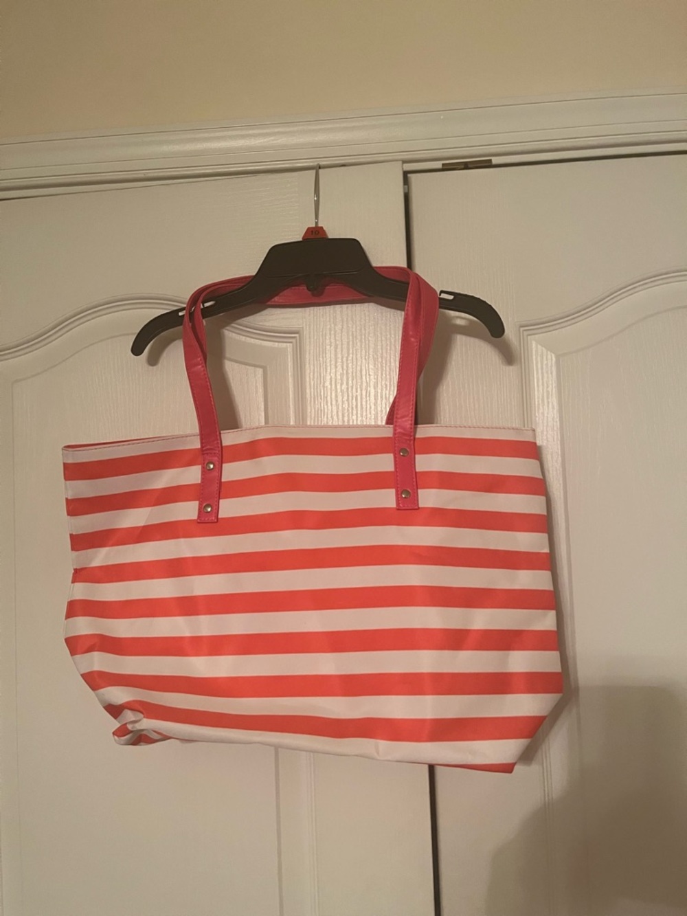 Striped Coral and White Tote Bag - Casual Women's Beach Tote